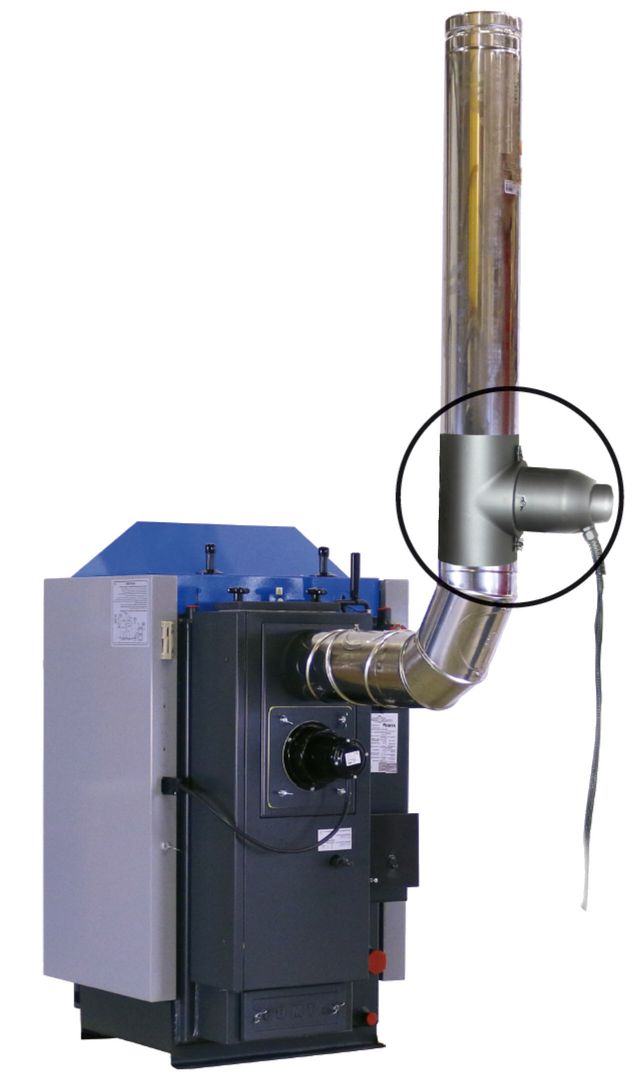 Partikelabscheider im Rauchrohr eines ATMOS Holzvergaserkessels. Mehr BAFA Förderung mit Partkielabscheider Killus-Technik.de