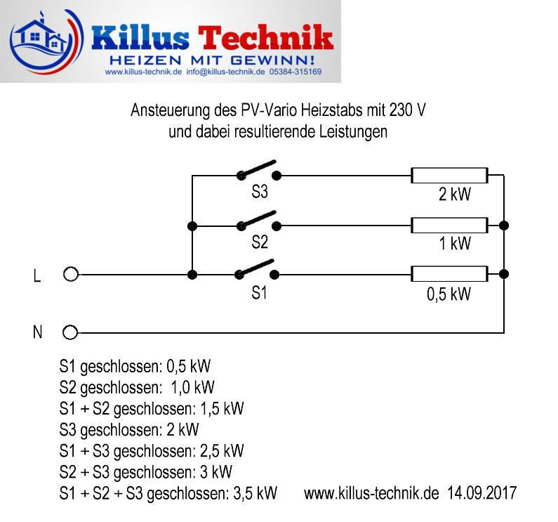 Vario-Heizer-PV variabler Elektroheizstab 0,5 - 3,5 kW Edelstahl für Photovoltaik und Heizungen Anschlußschema Killus-Technik.de