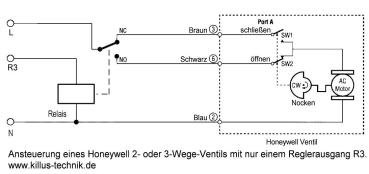 Ansteuerung des Honeywell 2- und 3-Wegeventils über ein Hilfsrelais, wenn von der Steuerung nur ein Ausgang zur Verfügung steht. Killus-technik.de