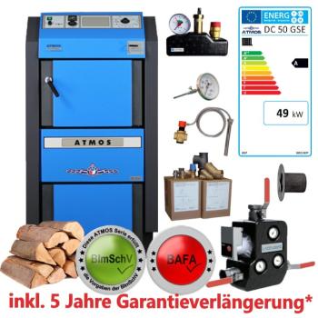 DC50GSE Kessel Paket ATMOS Holzvergaser Kesseltausch-Set mit Rücklaufanhebung, Kesselsicherheitsgruppe, thermischen Ablaufsicherung, Garantieverlängerung, Abgasthermometer, Anschlussset, BImSchV, BAFA, KfW