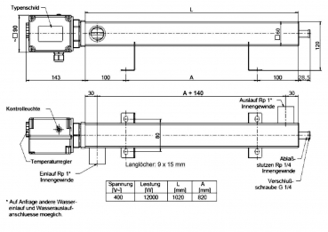 Gehäuse aus Edelstahl für Elektroheizstab mit 1 1/2" Anschluss, Länge 1020 mm