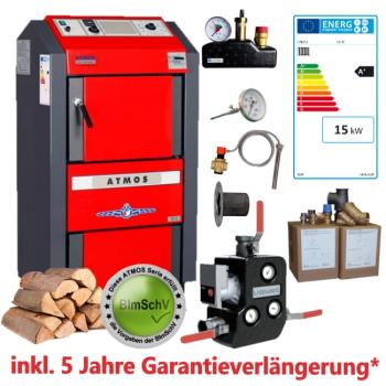 Paket ATMOS Holzvergaser GS15 Kesseltausch-Set mit Rücklaufanhebung, Kesselsicherheitsgruppe, thermischen Ablaufsicherung, Garantieverlängerung, Abgasthermometer, Anschlussset, BImSchV