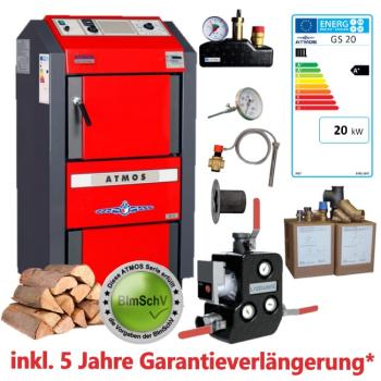 GS 20 Kessel Paket ATMOS Holzvergaser Kesseltausch-Set mit Rücklaufanhebung, Kesselsicherheitsgruppe, thermischen Ablaufsicherung, Garantieverlängerung, Abgasthermometer, Anschlussset, BImSchV