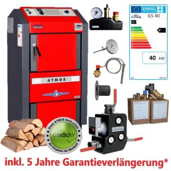 GS 40 Kessel Paket ATMOS Holzvergaser Kesseltausch-Set mit Rücklaufanhebung, Kesselsicherheitsgruppe, thermischen Ablaufsicherung, Garantieverlängerung, Abgasthermometer, Anschlussset, BImSchV