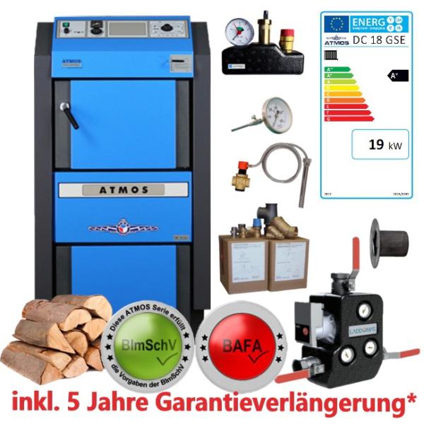 DC18GSE Kessel Paket ATMOS Holzvergaser Kesseltausch-Set mit Rücklaufanhebung, Kesselsicherheitsgruppe, thermischen Ablaufsicherung, Garantieverlängerung, Abgasthermometer, Anschlussset, BImSchV, BAFA, KfW