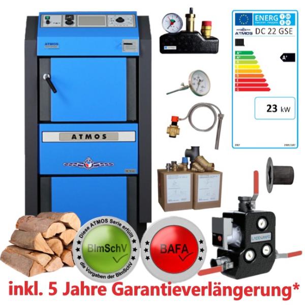 DC22GSE Kessel Paket ATMOS Holzvergaser Kesseltausch-Set mit Rücklaufanhebung, Kesselsicherheitsgruppe, thermischen Ablaufsicherung, Garantieverlängerung, Abgasthermometer, Anschlussset, BImSchV, BAFA, KfW